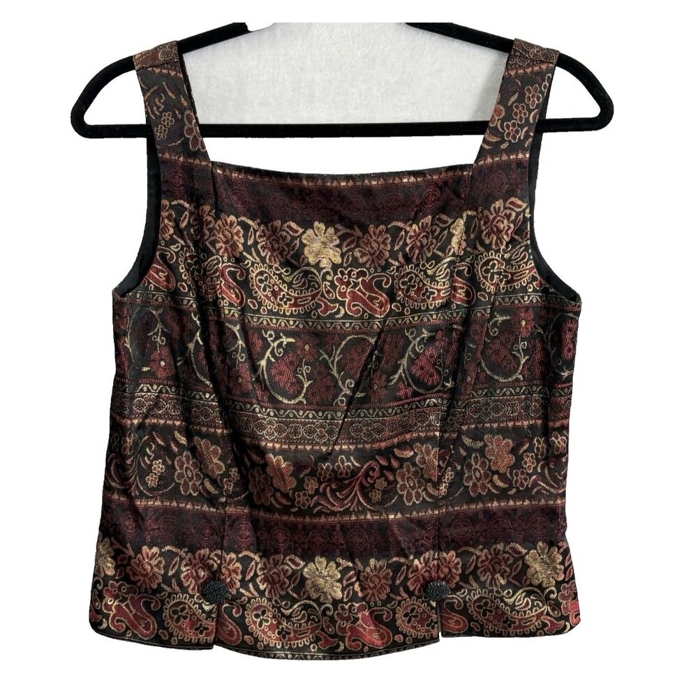 Vtg J R NITES Women Brocade Zip Back‎ Sleeveless Tank Top Sz 10 Black Gold 23-2